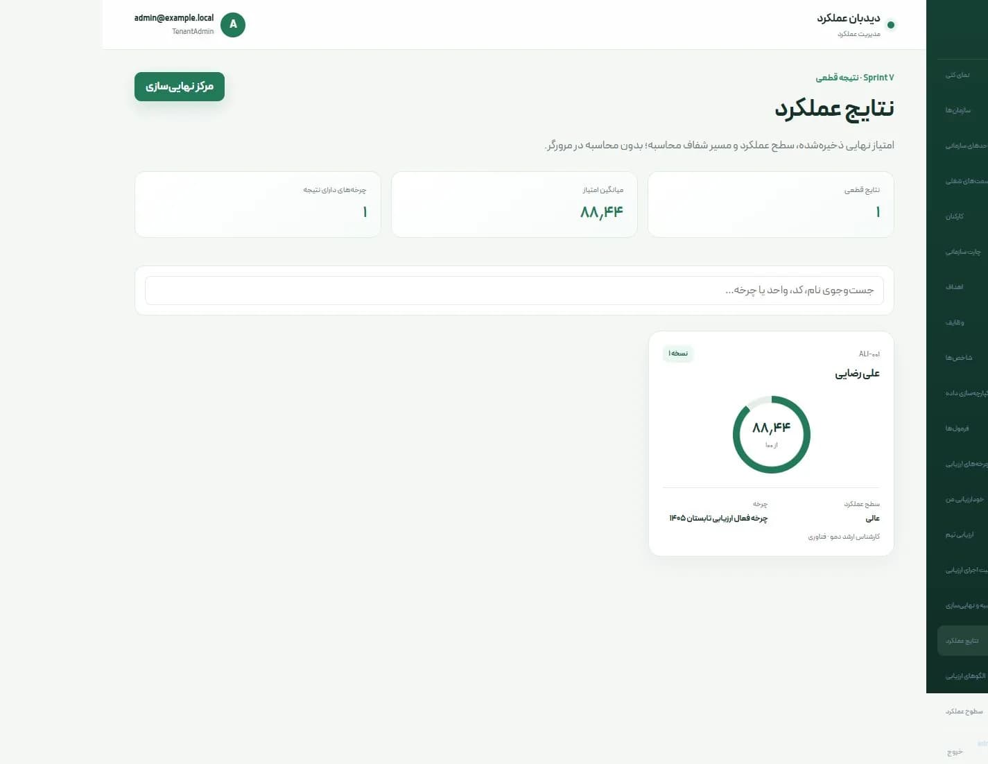 اسکرینشات واقعی فهرست نتایج عملکرد